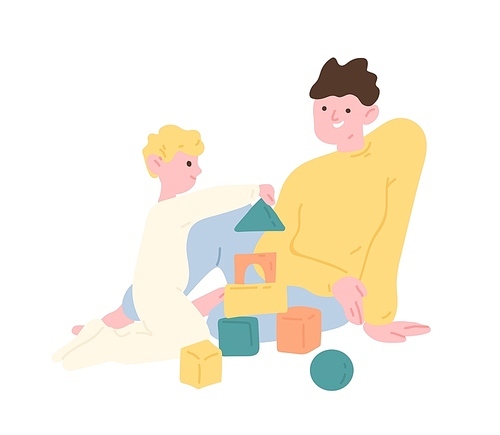 Father and son playing with toy building blocks or construction kit. Dad and kid spending time together at home. Parent and child enjoying leisure activity. Flat cartoon colorful vector illustration