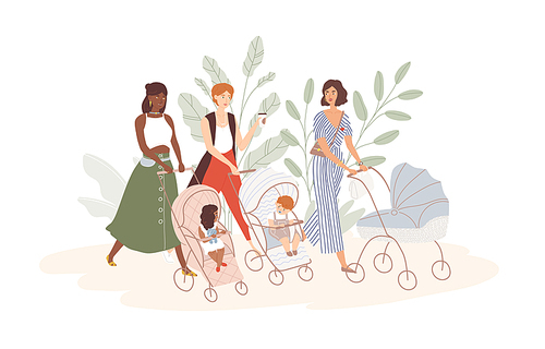 Group of cute women with babies in prams and strollers. Moms walking with their infant children. Community of young mothers. Motherhood and maternity. Flat cartoon colorful vector illustration