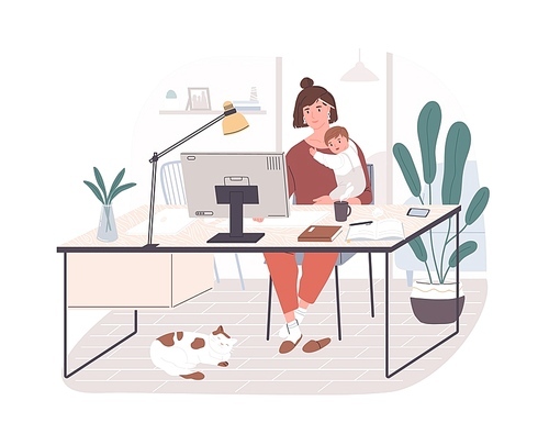 Cute happy mother holding her infant baby, sitting at desk and working on computer at home. Female freelance worker with child at workplace. Maternity and career. Flat cartoon vector illustration