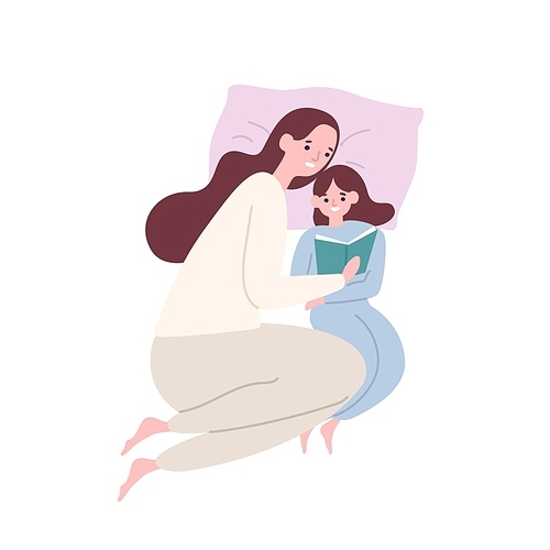 Cute smiling mother and daughter in pyjamas lying in bed and reading book or fairytale. Happy adorable mom and child spending time together at home. Flat cartoon colorful vector illustration