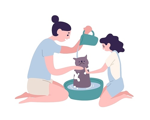 Happy mother and daughter washing cat at home. Funny mom and little girl taking care of domestic animal or pet. Daily family activity. Maternity and motherhood. Flat cartoon vector illustration