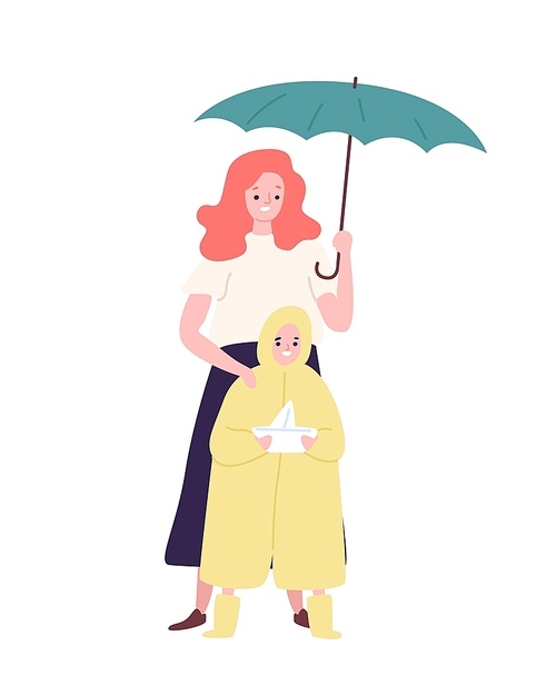 Cute mother and daughter dressed in raincoat standing under umbrella. Mom and child walking outdoors on rainy day. Happy family, parenthood and maternity. Flat cartoon colorful vector illustration