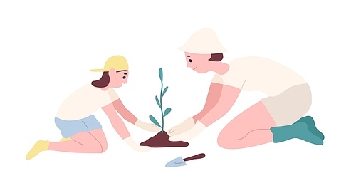 Adorable mother and daughter planting seedling or tree in garden. Happy smiling mom and child cultivating plant outdoors. Family recreational activity. Flat cartoon colorful vector illustration