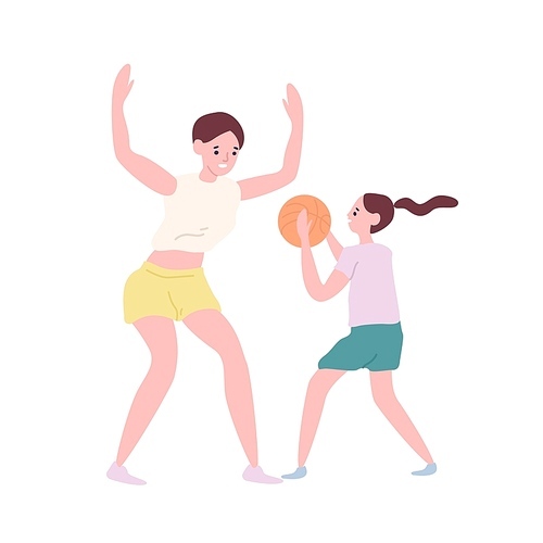 Happy mother and daughter playing basketball. Funny mom and little girl spending time at game training. Parent and child performing sports activity. Flat cartoon colorful vector illustration