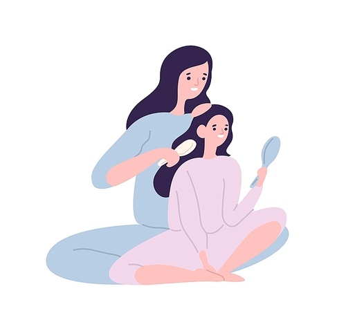 Smiling mother brushing hair of daughter with hairbrush. Cute funny mom and child in pyjamas spending time at home. Parent and kid having fun together. Flat cartoon colorful vector illustration