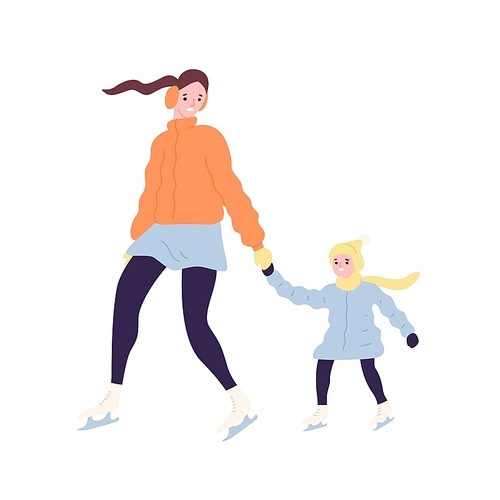 Happy cute mom and daughter on ice skates. Smiling mother and child in outerwear ice skating on rink. Winter outdoor family recreational or sports activity. Flat cartoon colorful vector illustration