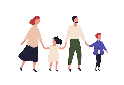 Mother, father, son and daughter. Portrait of modern family with children walking together. Parents and kids holding hands isolated on white . Colorful vector illustration in flat style