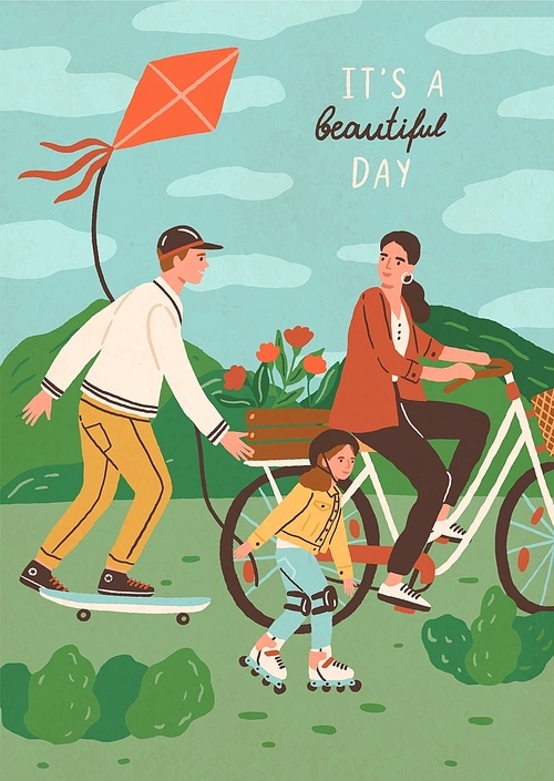 Cute happy family riding bike, skateboard and roller skating outdoors. Smiling mother, father and son performing sports or leisure activity in park. Summer vacation. Flat cartoon vector illustration