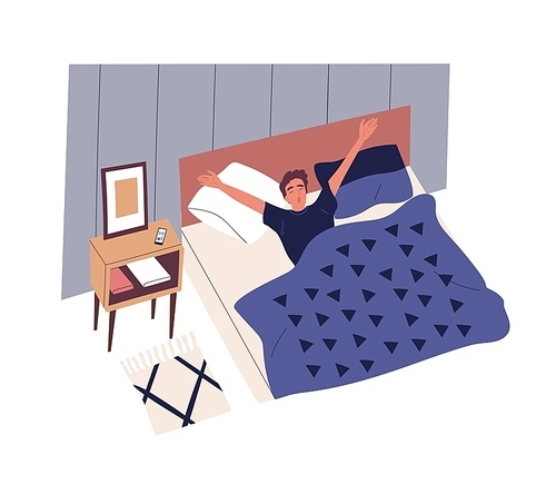 Cute young man waking up in morning. Male character lying in bed, yawning and stretching. Start of working day, everyday life, daily activity. Colorful vector illustration in flat cartoon style