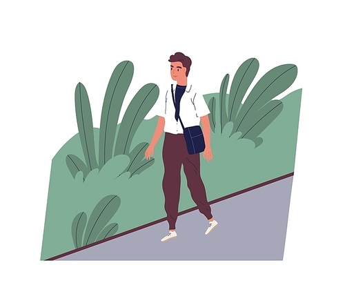 Cute smiling young man going to work. Happy male character walking on city street. Morning activity of clerk or office worker. Start of day. Colorful vector illustration in flat cartoon style