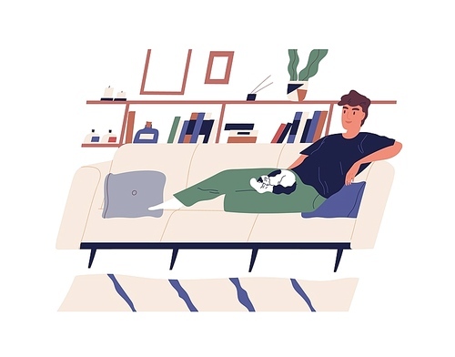 Cute happy boy lying on comfy couch with his cat. Young smiling man relaxing on cozy sofa at home. Cheerful male cartoon character performing daily leisure activity. Modern flat vector illustration