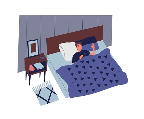 Cute young man sleeping in bedroom at night. Male character lying in comfortable bed and falling asleep. Rest and relaxation in everyday life. Colorful vector illustration in flat cartoon style