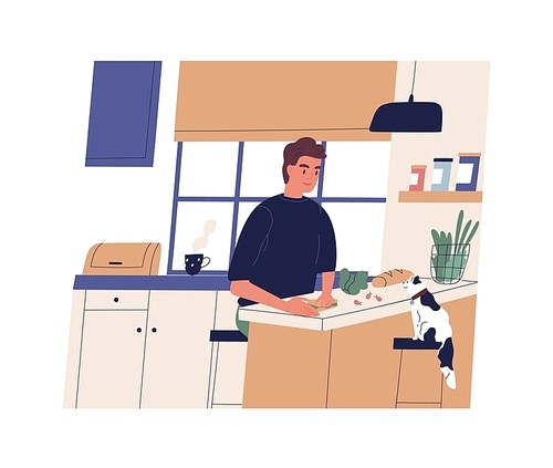 Funny young man making sandwich in kitchen. Happy cute boy cooking at home. Smiling guy preparing breakfast, lunch or dinner. Daily life or everyday routine. Flat cartoon vector illustration