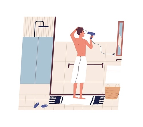 Cute funny young man standing in front of mirror and drying his hair with hairdryer. Happy guy using blow dryer in bathroom. Morning routine, daily procedure. Flat modern cartoon vector illustration