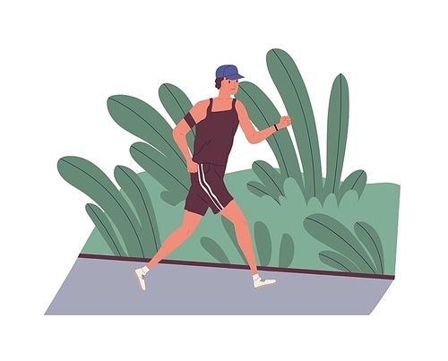 Smiling young man jogging outdoors in morning. Cute funny male athlete running along street. Daily fitness training or sports workout. Healthy activity. Flat modern cartoon vector illustration