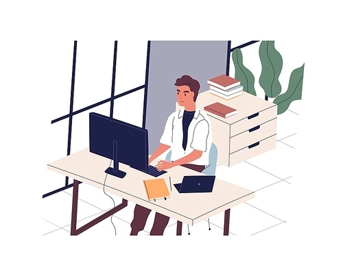 Smiling man sitting at desk and working on computer in modern office. Male employee or clerk at workplace. Daily routine, everyday life of young professional. Flat cartoon vector illustration