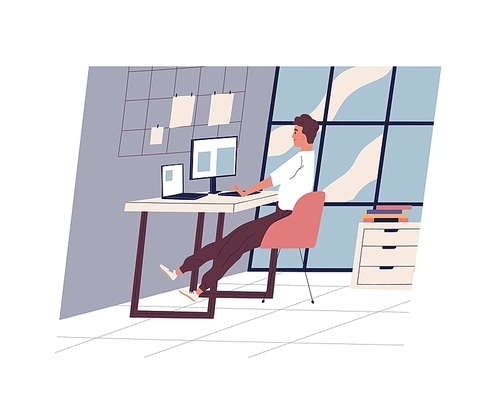 Cute funny man sitting at desk and working on computer at modern office. Young professional or male employee at workplace. Daily routine, everyday life. Flat cartoon colorful vector illustration