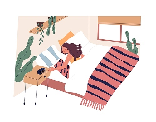 Young woman waking up in morning. Female character lying in bed and turning off alarm clock. Start of working day, everyday life, daily activity. Colorful vector illustration in flat cartoon style