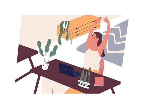 Happy girl sitting at desk with computer and stretching. Smiling woman employee or clerk at workplace in home. End of working day, task completion. Flat cartoon colorful vector illustration