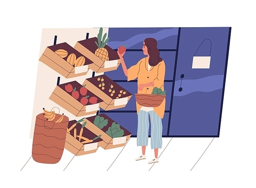 Cute young woman with shopping basket buying food at grocery store. Funny girl choosing fruits and vegetables at supermarket. Daily routine, everyday activity. Flat cartoon vector illustration