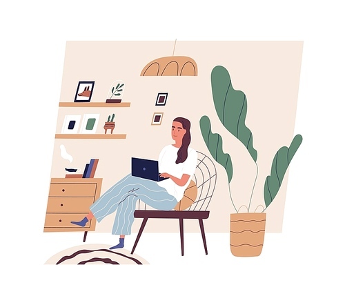 Cute young woman sitting on comfy chair with laptop computer in cozy room. Funny adorable girl working at home. Daily life of freelance worker, everyday routine. Flat cartoon vector illustration