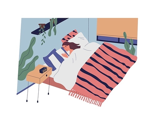Funny girl or woman sleeping in bedroom at night. Female character lying in comfy bed and falling asleep. Repose and relaxation in everyday life. Colorful vector illustration in flat cartoon style