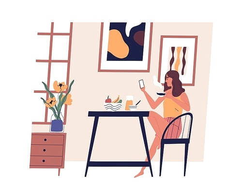 Cute girl sitting at table, using smartphone and drinking coffee. Young happy woman dining at home. Funny lady having lunch. Daily activity, everyday life. Vector illustration in flat cartoon style