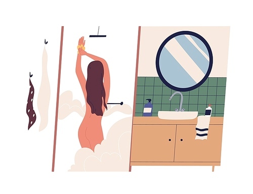 Cute young naked woman taking shower and lathering her body. Female cartoon character washing in bathroom. Daily routine, morning personal hygienic procedure. Flat colorful vector illustration