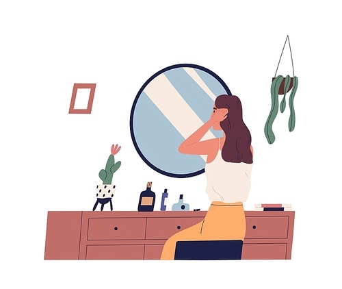 Young woman sitting at dressing table and primping her hair. Cute girl making hairstyle in front of mirror. morning routine, start of working day, everyday life. Flat cartoon vector illustration