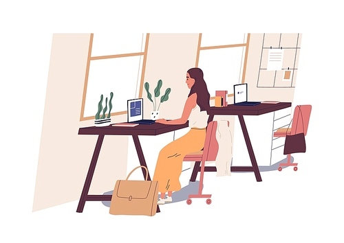 Cute woman sitting at desk and working on laptop computer at office. Young professional or female employee at workplace. Daily routine, everyday life. Flat cartoon colorful vector illustration