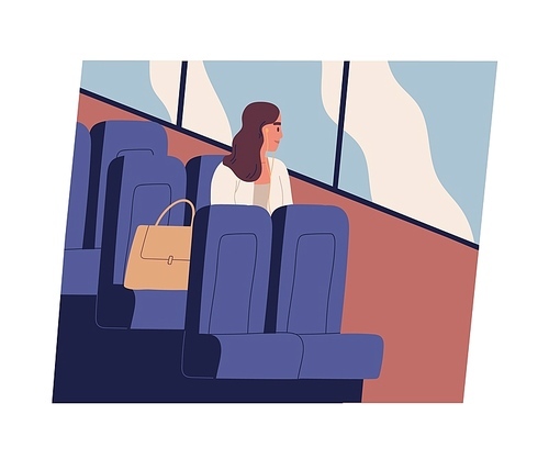 Young woman sitting in bus, looking out window and listening to music. Cute funny girl in public transport. Daily routine of office worker or clerk. Vector illustration in flat cartoon style