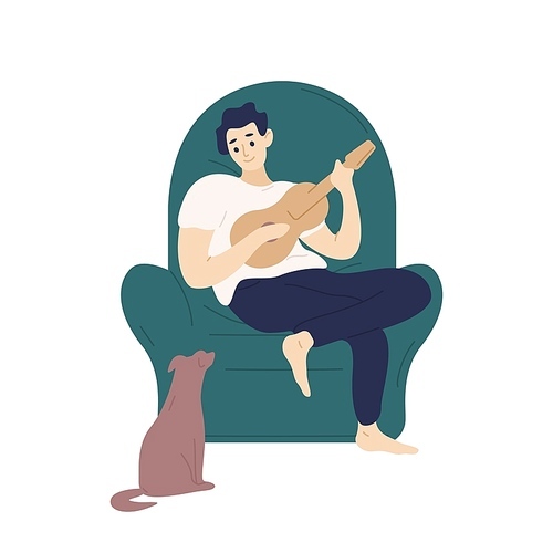 Cute boy sitting in comfy armchair and playing ukulele for his dog. Funny adorable musician with guitar and his domestic animal. Young man relaxing at home. Flat cartoon colorful vector illustration