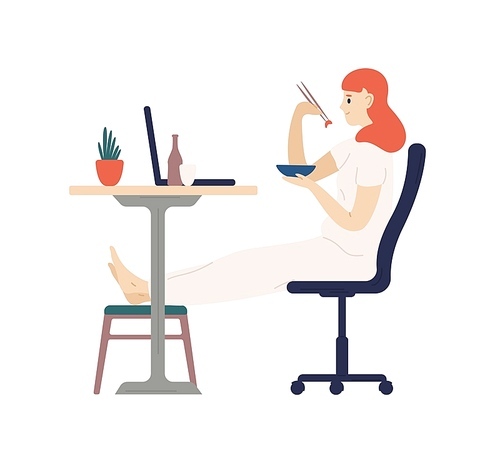 Cute smiling girl eating dinner with chopsticks and watching movies on laptop computer. Adorable young woman dining at home. Daily recreational activity. Flat cartoon colorful vector illustration