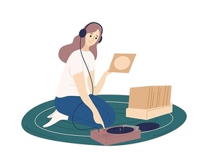 Funny girl wearing headphones putting vinyl records into turntable and listening to music. Cute young woman spending time at home and enjoying her hobby. Flat cartoon colorful vector illustration
