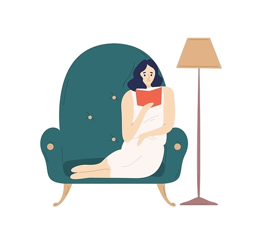 Cute smiling lady sitting in comfy armchair and reading fiction book. Adorable young woman spending weekend at home. Leisure activity, repose and relaxation. Flat cartoon colorful vector illustration
