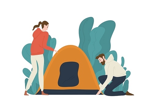 Young couple setting up tent on campsite. Pair of cute funny tourists isolated on white . Happy boy and girl spend vacation in camping. Colorful vector illustration in flat cartoon style