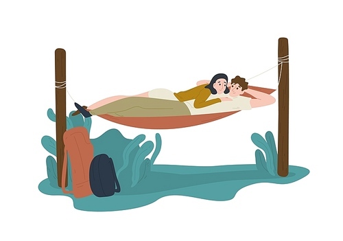 Funny young man and woman lying together in hummock. Happy cute boy and girl relaxing outdoors. Pair of tourists or hikers in adventure trip. Romantic couple hiking. Flat cartoon vector illustration