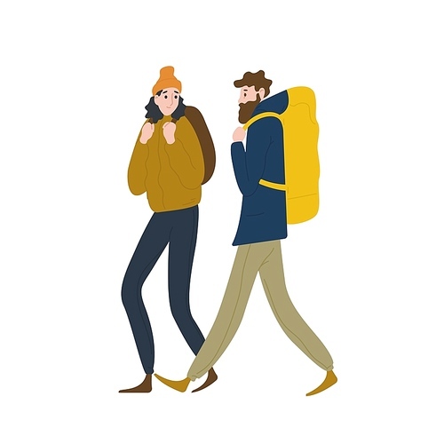 Pair of cute backpackers walking together. Boyfriend and girlfriend hiking or backpacking in nature. Male and female tourists or hikers in adventure travel. Flat cartoon colorful vector illustration