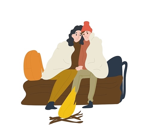 Romantic couple sitting on log and warming up near campfire. Boyfriend and girlfriend in camping trip. Male and female tourists or backpackers in adventure travel. Flat cartoon vector illustration