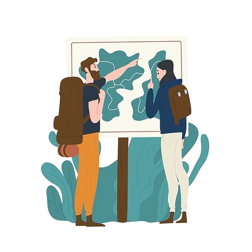 Pair of tourists standing in front of map and checking their route. Young man and woman hiking or backpacking in nature. Male and female hikers in adventure travel. Flat cartoon vector illustration