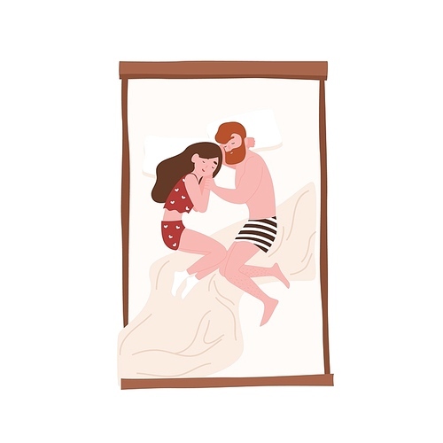 Young man and woman lying face to face in bed and sleeping in fetal position. Cute funny couple relaxing at night. Girl and boy napping at home. Top view. Flat cartoon colorful vector illustration