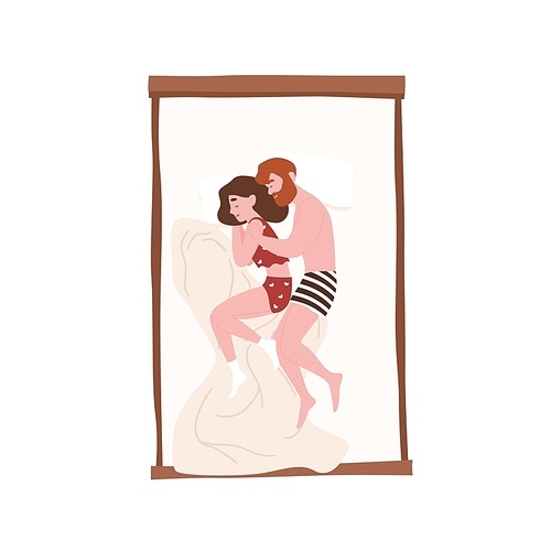 Cute sweet young couple lying in bed and cuddling or hugging. Funny man and woman sleeping at night. Girl and boy napping at home in fetal posture. Top view. Flat cartoon colorful vector illustration