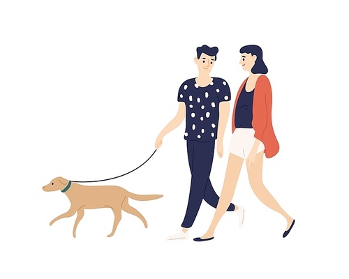 Funny romantic couple walking dog on leash isolated on white . Cute young boy and girl with their domestic animal. Daily life or everyday scene. Flat cartoon colorful vector illustration