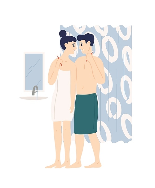 Happy funny man and woman brushing teeth. Boyfriend and girlfriend in bathroom together. Morning routine, daily hygienic procedure of cute young romantic couple. Flat cartoon vector illustration