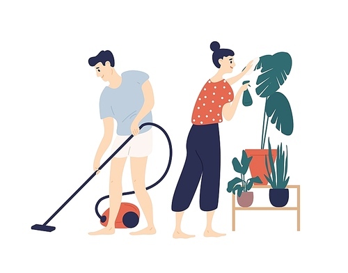 Smiling young man and woman cleaning house together. Boy vacuuming floor at home and girl taking care of plant. Everyday activity of cute funny romantic couple. Flat cartoon vector illustration