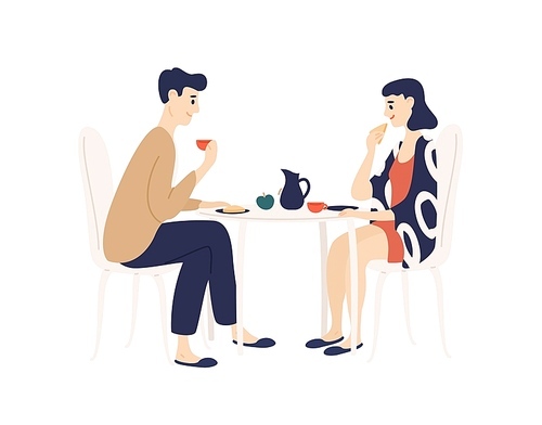 Funny young man and woman sitting at table and eating breakfast in morning. Smiling boy and girl dining together at home. Daily life of cute happy couple. Flat cartoon colorful vector illustration