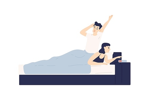 Man lying in bed, yawning and woman setting up alarm clock. Young couple falling asleep or waking up. Cute boy and girl in bedroom. Daily life of romantic partners. Flat cartoon vector illustration