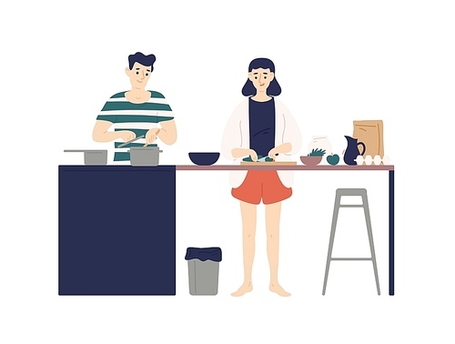 Cute young man and woman cooking meals in kitchen. Smiling boy and girl making lunch or dinner together at home. Daily life of happy romantic couple. Flat cartoon colorful vector illustration