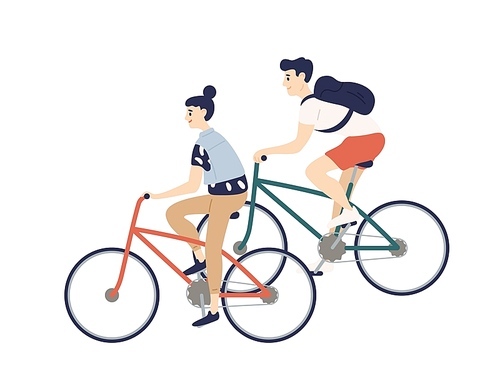 Cute romantic couple riding bicycles. Young man and woman on bikes isolated on white . Boy and girl performing sports outdoor activity. Colorful vector illustration in flat cartoon style