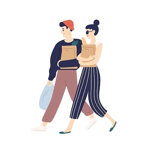 Adorable modern young couple carrying bags with purchases. Happy funny boy and girl doing grocery shopping. Everyday routine of cute romantic partners. Flat cartoon colorful vector illustration